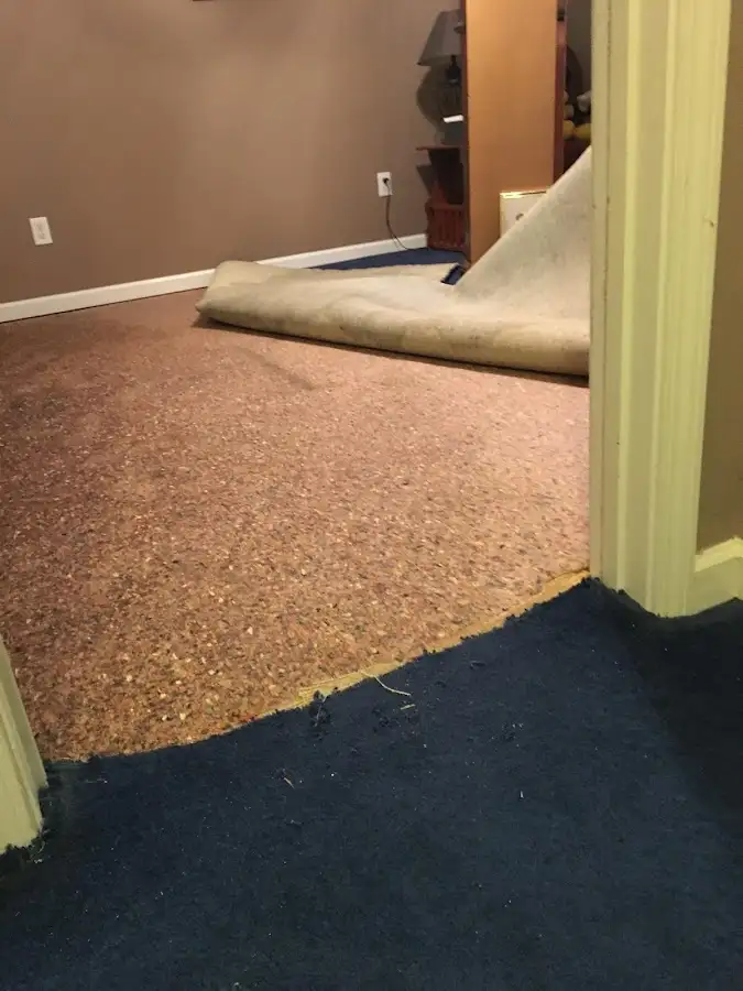 Carpet pad removal revealing water damage during Water Mitigation Services in Lindale